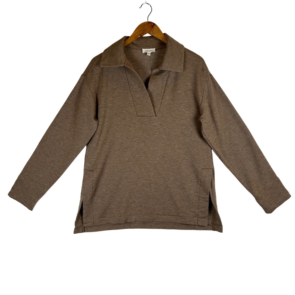 Haven Well Within Brown Johnny Collar V-Neck Pullover Sweatshirt Pockets Small